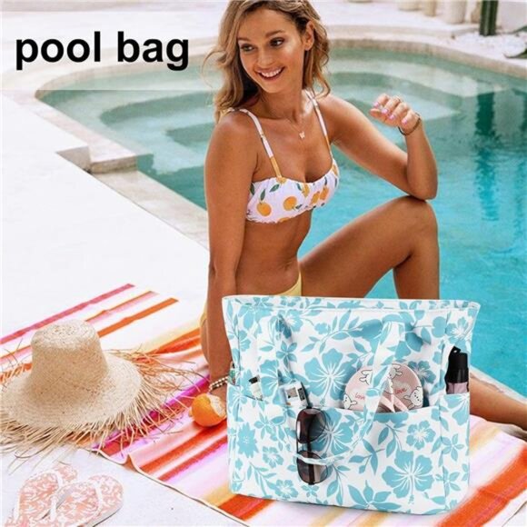 Large Beach Tote Bag Women Waterproof Sandproof Zipper Beach Tote Bag for Pool - Picture 2 of 7